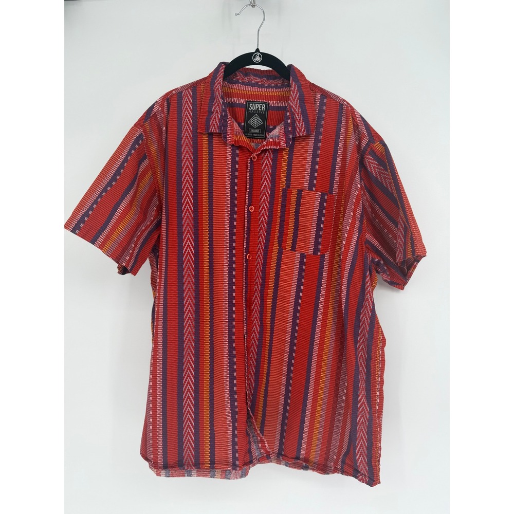 Super Massive Mens XXL Red Multi Color Striped Woven Cotton Short Sleeve Shirt